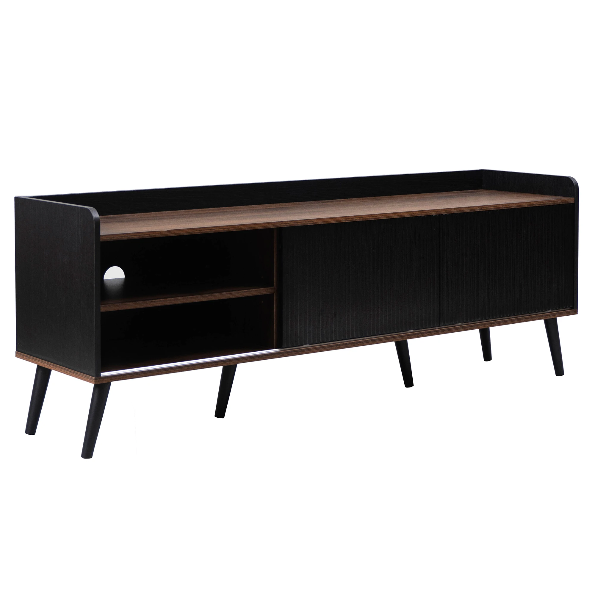 TV-Schrank Schwarz und Naturholzfarbe TV-Tisch TV-Tafel Lowboard-Panel mit Türen und Schubladen, Regalen H58/L160/T40 cm – Detail 7