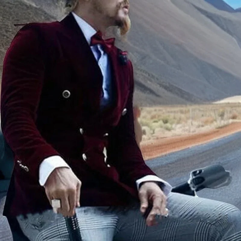 Burgundy Velvet Smoking Jacket for Men Slim Fit Double Breasted Casual Suit Blazer 1 Pcs Groom's Fashion Coat 2024 view 2