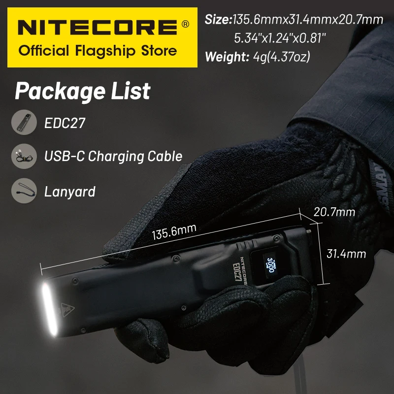 NITECORE EDC27 Flashlight 3000Lumens USB-C Recharageble Tactical