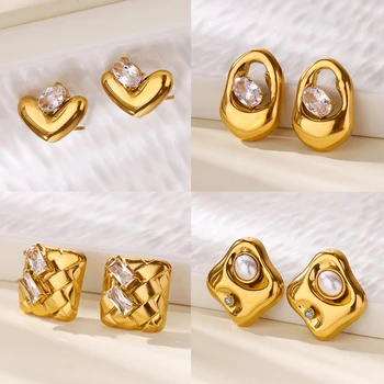 Zircon Geometric Heart Earrings for Women Stainless Steel Square Piercing Earrings Fashion Wedding Waterproof Jewelry Gift