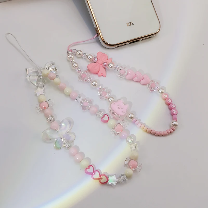Handmade Beading Jewelry Bead Chain Phone Anti Loss Sling Short Lanyard for Keys Phone Strap Wrist Pendant Mobile Ph