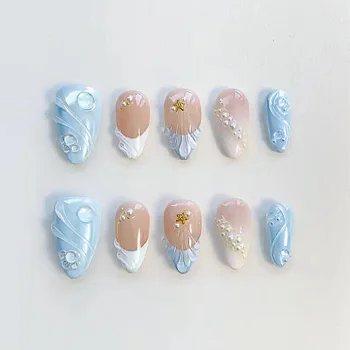 30Pcs False Nails Summer Ocean Style with Cool 3D French Tips High-Quality Press-On Nails Perfect As A Gift for Girls and Friend