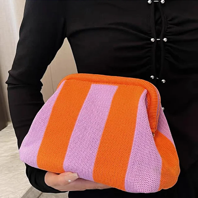 Summer Beach Clutch Bag Contrast Color Small Crochet Handbag Knitting Dumpling Clutch for Women Cute Cloud Casual Colorblock Bag