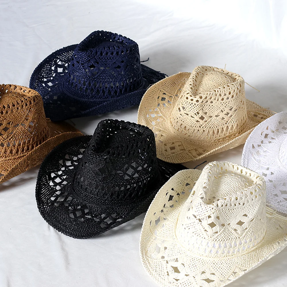 

Cowboy Hat Fashion Men Women Hollow Handmade Cowboy Straw Hats Summer Outdoor Wide Brim Beach Hat Solid Color Western Cowboy Hat