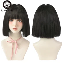 

7JHH WIGS Black Straight Short Bob Synthetic Wig for Girl Daily Wear Synthetic Wig New Style Natural Heatresistant Wig With Bang