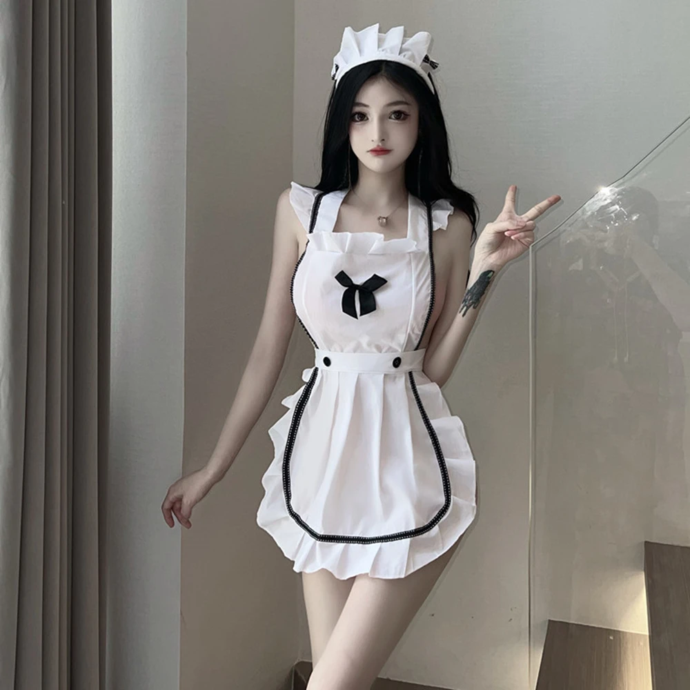 Sexy Hollow Out Lace Apron Maid Chef Cosplay Party Uniform Temptation Couple Nightdress Femme Lingerie Sleeveless Set
