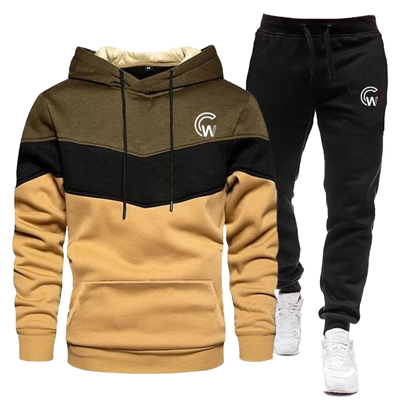 High quality men's sports sweater set three color patchwork hoodie and pants personalized jogging set two-piece set