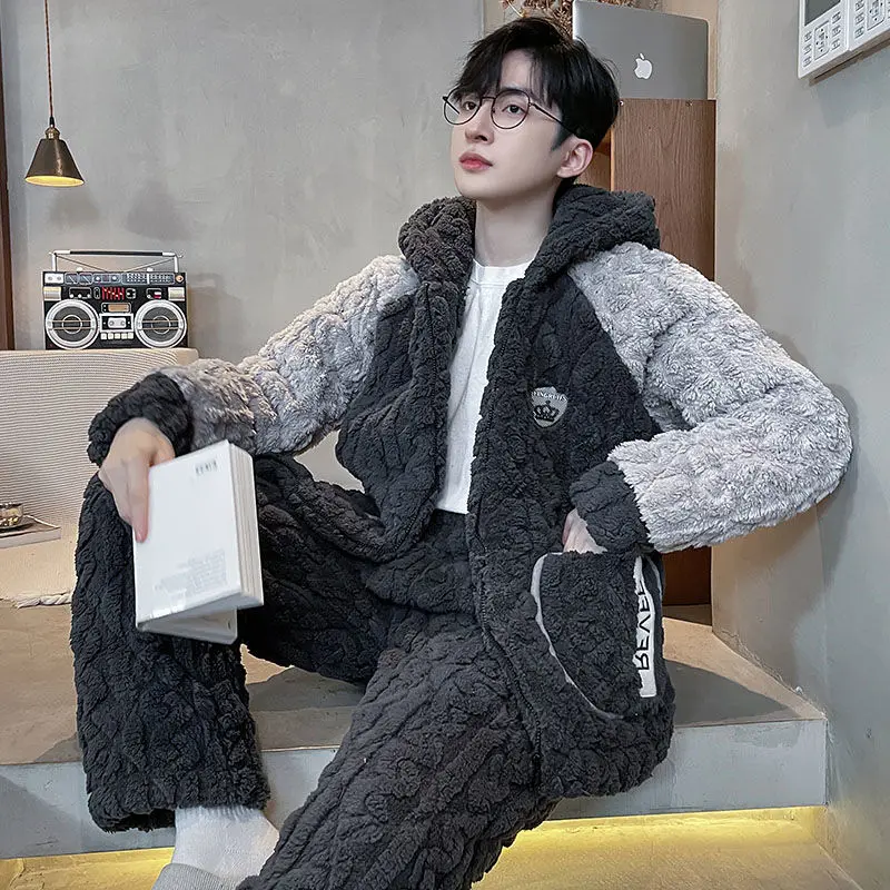 Hooded Pajamas Male Wintertime Extremely Thick Warm Coral Fleece Three Layers of Cotton Flannel Loungewear Set Pajamas for Men