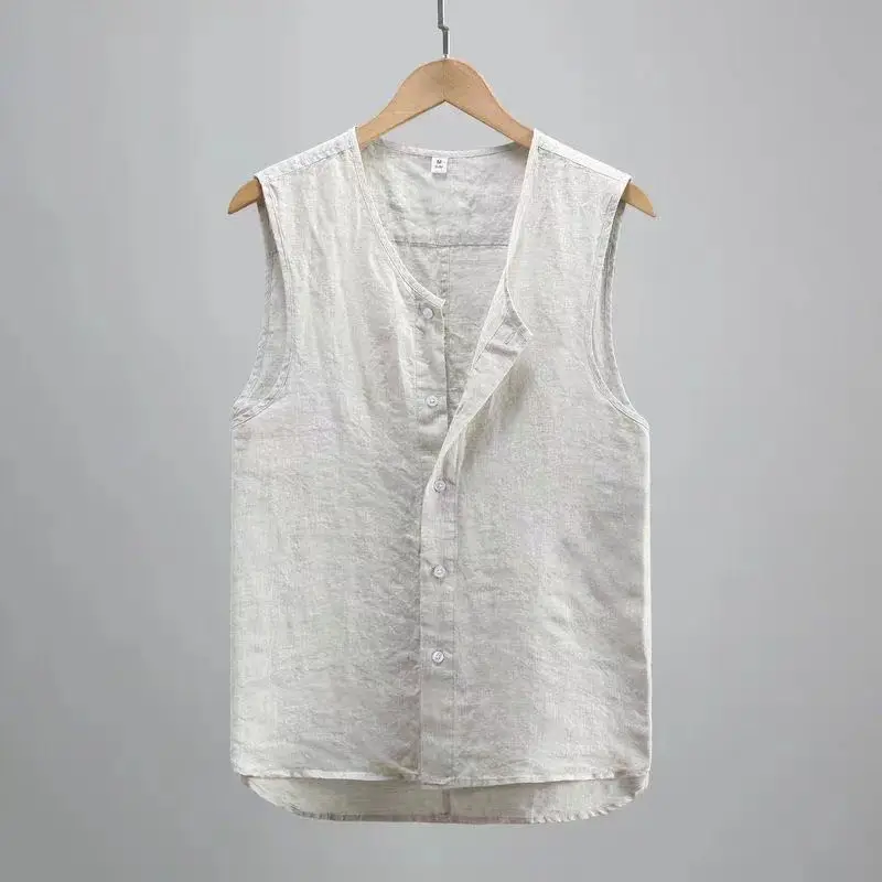 

Elegant Fashion Harajuku Slim Fit Male Clothes Loose Casual All Match Tshirts Solid Hollow Out Cotton Linen Sleeveless Tank Tops
