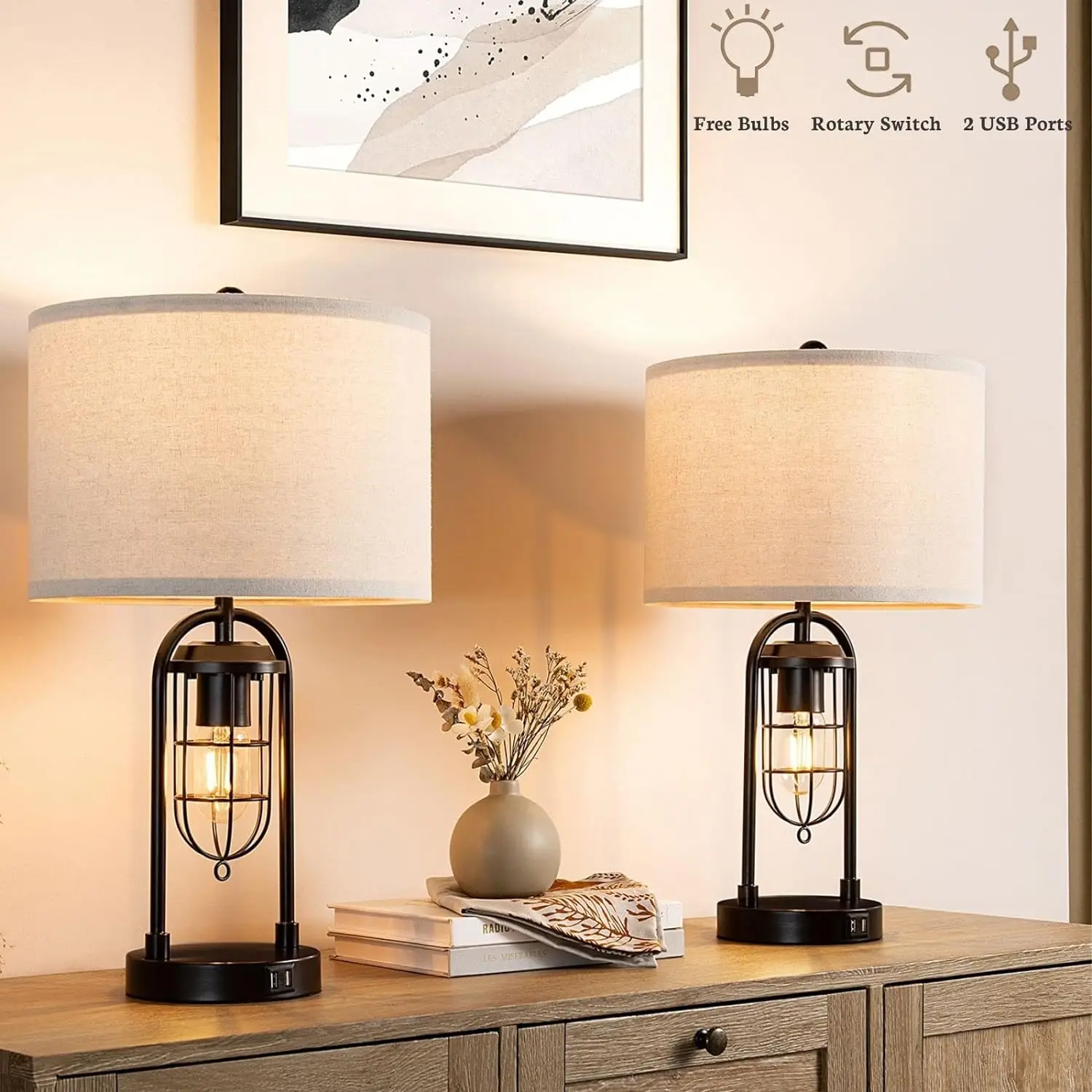 

Table Lamp Set of 2 with Night Light and USB Port Industrial Modern Nightstand Lamp Set (Bulbs Included) Paper lanterns Luces le