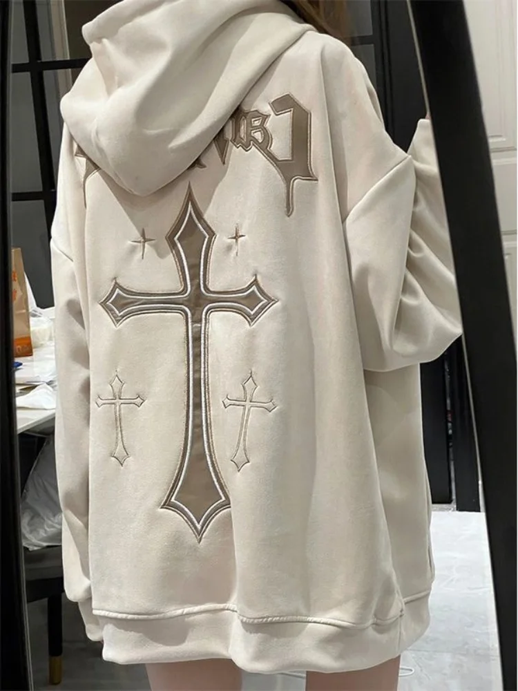 

QWEEK Gothic Harajuku Oversized Hoodies Women Pullovers Goth Embroidery Hood Sweatshirt 2022 Autumn Fahion New Streetwewar