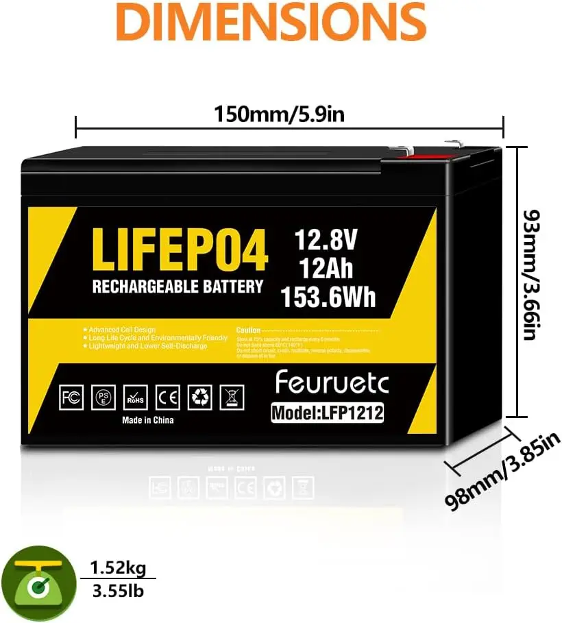 12V 12Ah LiFePO4 Lithium Battery, 3000+ Cycles Rechargeable Lithium Battery， Built-in BMS, Perfect for Ride on Toys, Small UPS