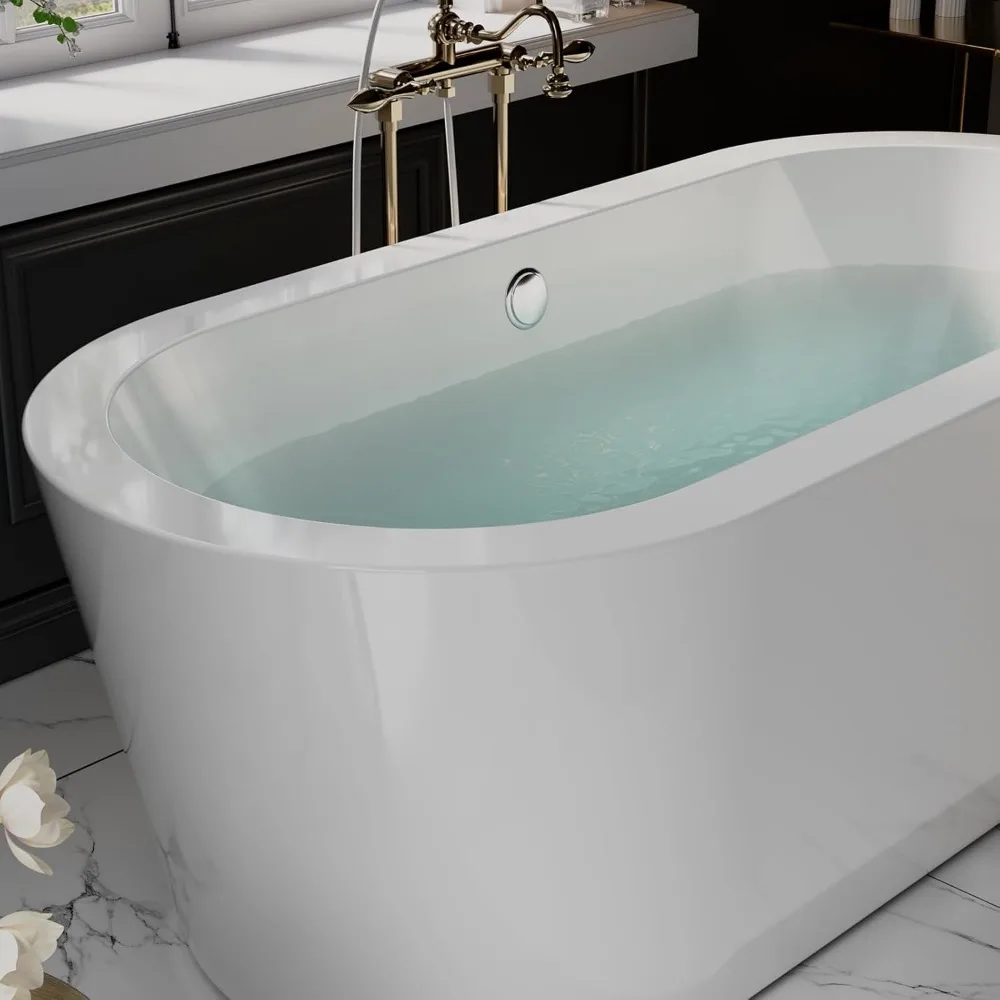 Acrylic Freestanding Bathtub Contemporary Stand Alone Soaking Tub with Overflow and Drain, , Luxury White hot tub 5