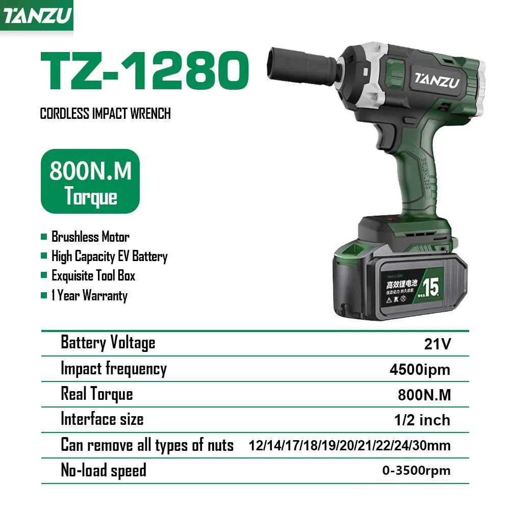 True 800N.m Electric Impact Wrench 21V Brushless Cordless High Torque With Lithium Battery For Car Truck Repair Power Tool Tanzu