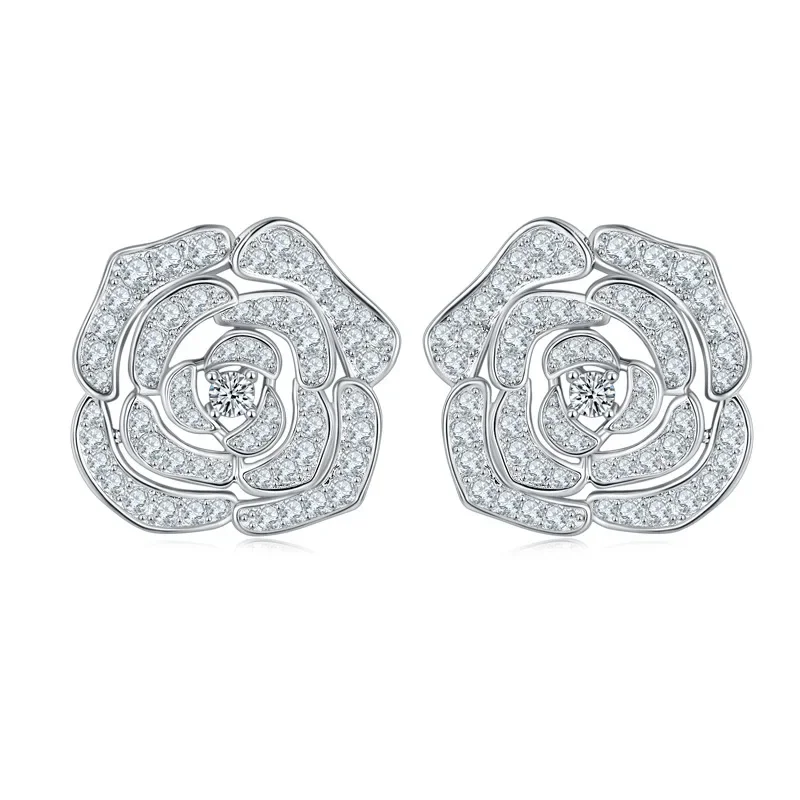 

BOEYCJR 925 Silver Elegant Camellia Moissanite 1.108ct total VVS Fine Jewelry Diamond Stud Earring for Women Gift