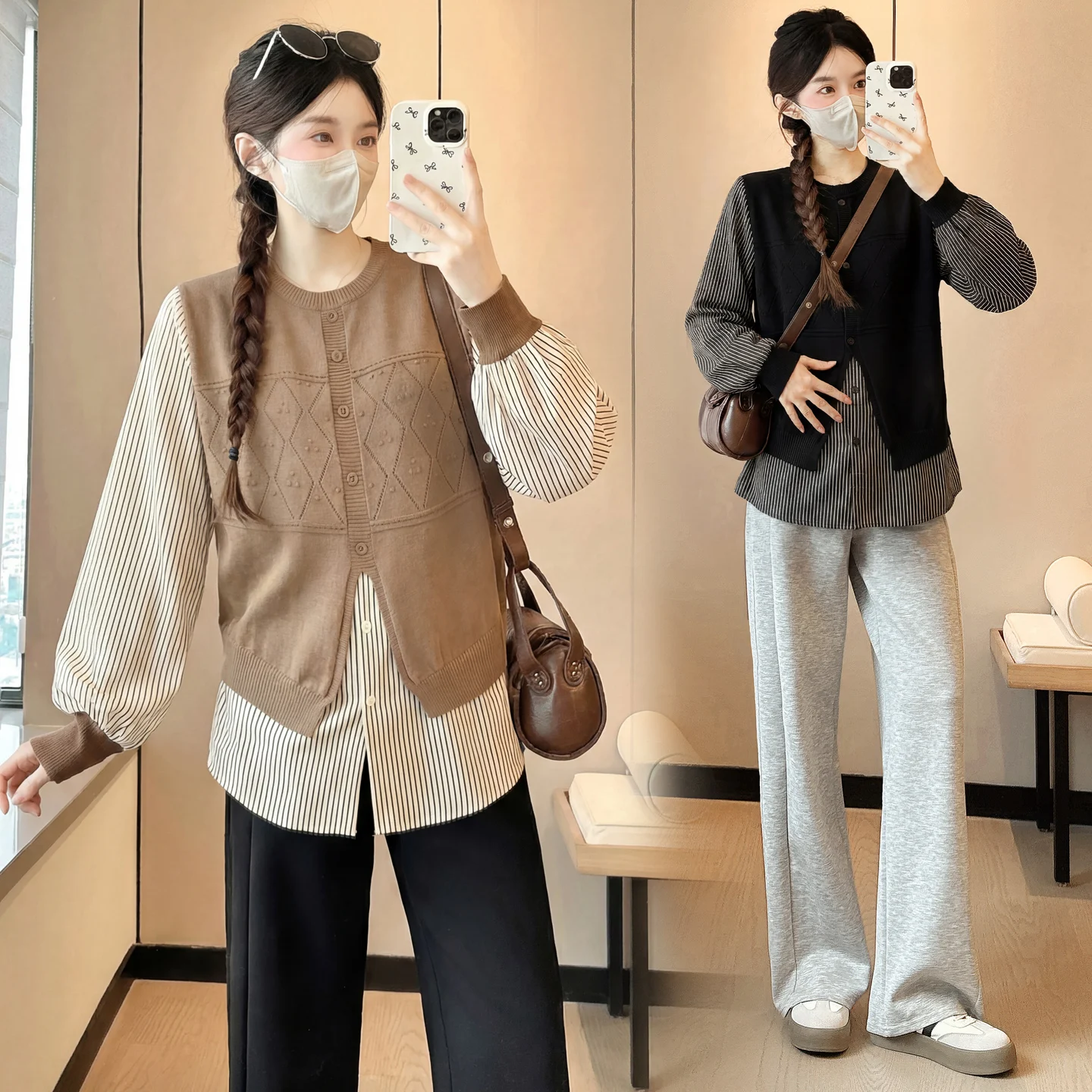 임산부용 봄 셔츠 달콤한 루즈핏 긴팔 인형 디자인 다용도 노화방지 투피스룩 캐주얼 한국 스타일 스트라이프