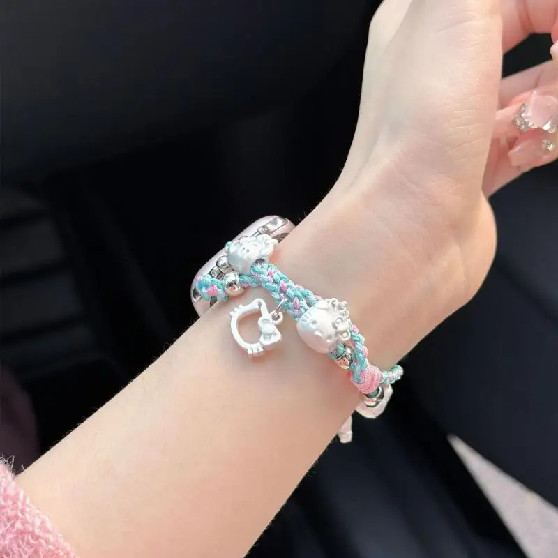 

Hello Kitty Cinnamoroll Apple Watch, Плетеный ремешок, аниме мультфильм Sanrio Apple Watch S9/s8, Плетеный ремешок для девочек, Apple Watch Se/6 подарок