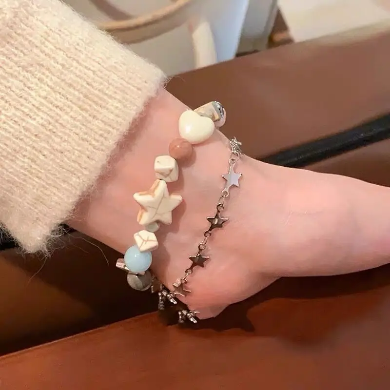 Double Layers Y2K Charms Chain Bracelets Harajuku Crystal Star Pentagram  Pearl Beaded Bracelet for Women Vintage Jewelry Gift