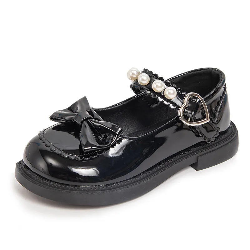 

27-37 Girls Leather Shoes Spring Autumn Fashion Bow Tie Princess Shoes Flat Kids School Girls Dancing Dress Mary Jane Shoe Black