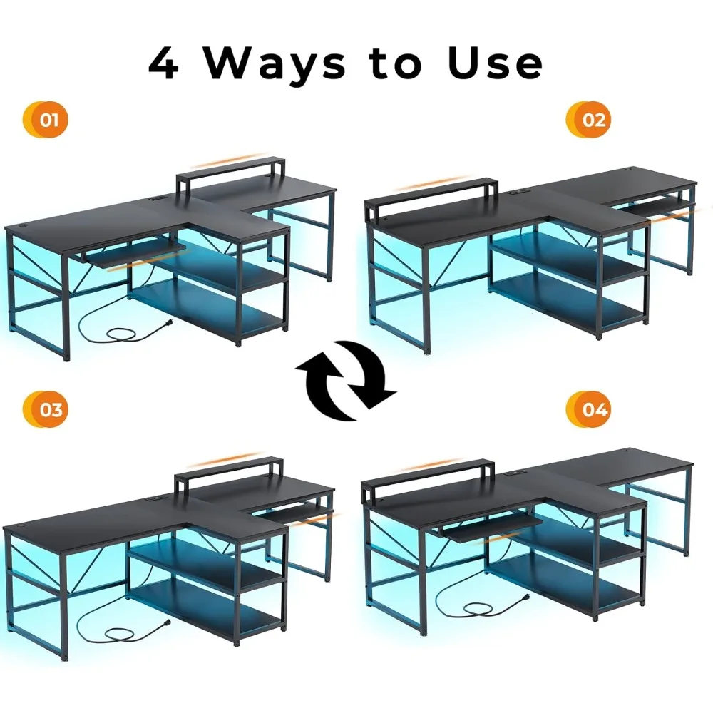 94.5" Office Computer Desk | 2 Person Gaming Desk with Storage, LED Lights, Keyboard Tray, Power Strip & USB Monitor Stand 5