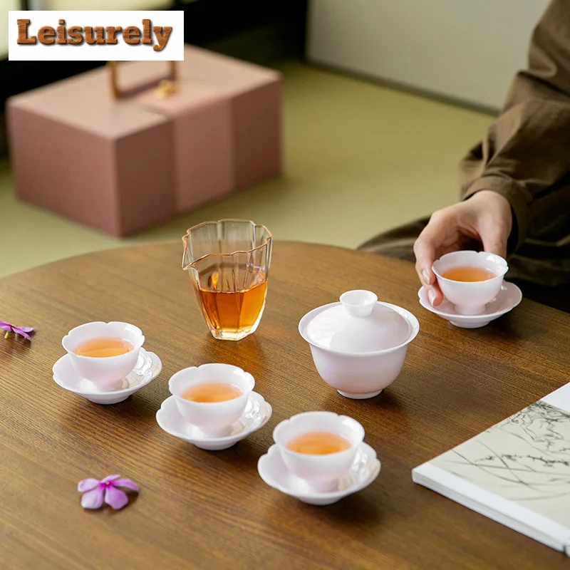 White Fair Jade Porcelain Tea Set Complete Set Luxury Tea Ceremony Set Household Tea Brewing Teapot and Tea Cup Set for Tea Gift