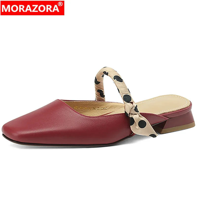 MORAZORA 2024 New Polka Dot Genuine Leather Women Slippers Unique Square Low Heels Slippers Ladies Summer Dress Shoes