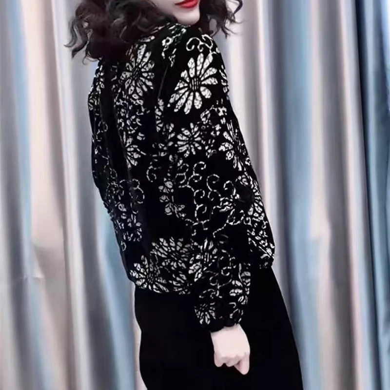 Women Vintage Print Ruffle Design Chic Shirts Spring Autumn Trendy Loose Long Sleeve Blouses Y2K Casual O Neck Tops Blusas Mujer