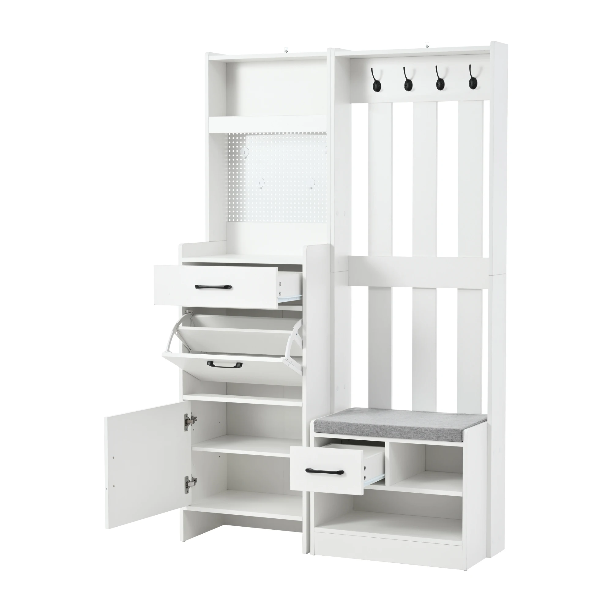 110 x 35 x 175,5 cm Garderobenständer und Kleiderständer für den Flur – 7-in-1 freistehender Eingangsbereich-Organizer mit Schuhbank, 7 Haken – Detail 18