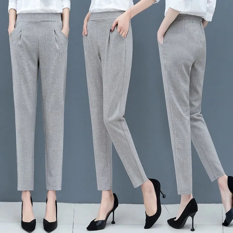 

Harun Pants Women High Waist Slim 2023 Spring Summer New Cotton Hemp Pencil Trousers Female Casual Large Size Nine Points Pants