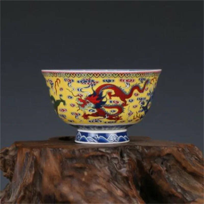 

5.1"Rare China Porcelain qing qianlong famille rose Dragon lines bowl