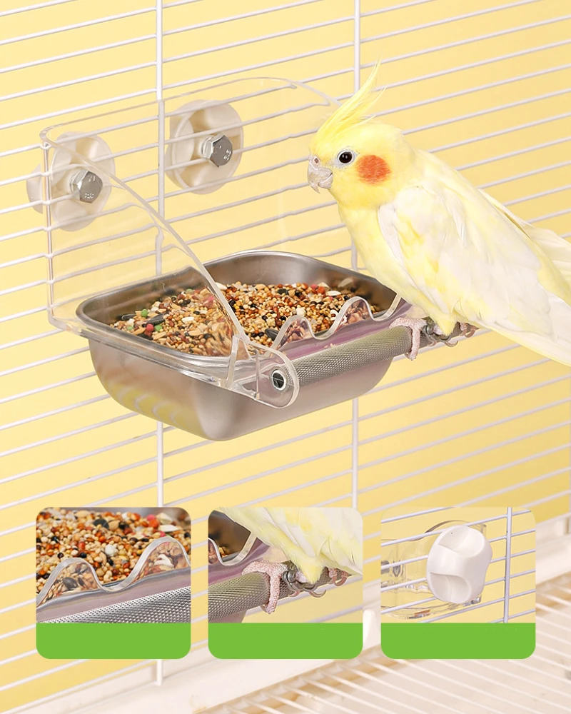 Transparent Parrots Feeders Bird Feeder with Anti-Slip Stand Stainless Steel Bird Bowls Parakeet Feeder Bird Feeder for Cage S L