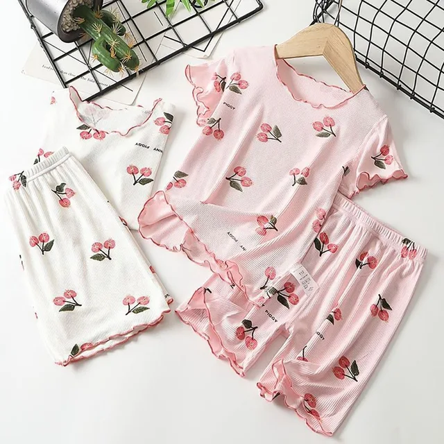 Girls Summer Pajama Set Cherry Blossom Print 4-Way Stretch Shorts & Tee Breathable Modal Blend for Bedtime and Playtime for 1-8Y 2