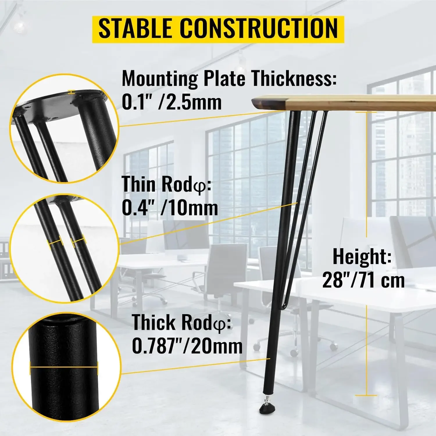 Hairpin Metal Table Legs 28 Inch Desk Legs Set of 4 Heavy Duty Bench Legs 3-Rod Metal Furniture Legs Wrought Iron Coffee Table 3