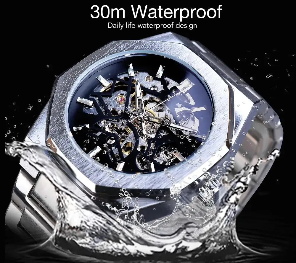 FORSINING Orologio Uomo Automatico Scheletrato | Cassa Dodecagonale Oro E Nero | Impermeabile 30m | Bracciale In Pelle