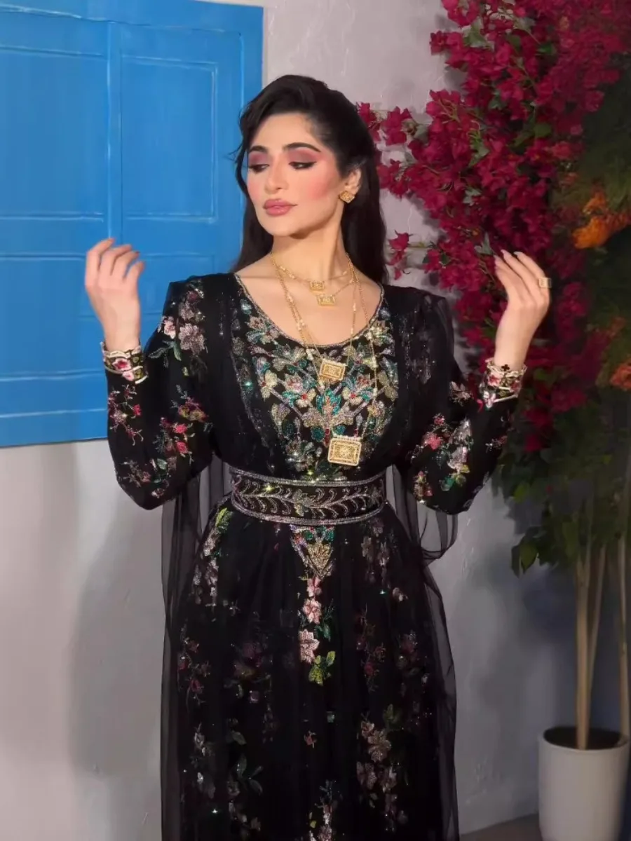 Eid Muslim Party Dress for Women Print Floral Ramadan Abaya Long Dress Belt Morocco Vestidos Largos Dubai Robe Jalabiya 2024