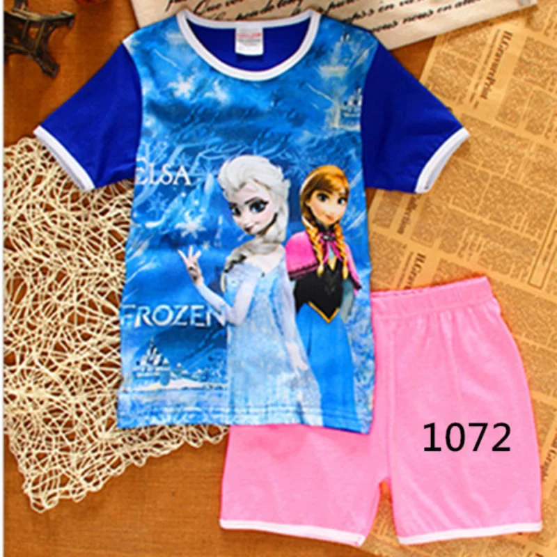 thumbnail image 1 of Disney-Conjunto de ropa de Frozen Elsa para niños, pijamas Kawaii para bebés, camiseta para niños, pantalones cortos, trajes, ropa de algodón, regalo, novedad de verano, 1 of 5