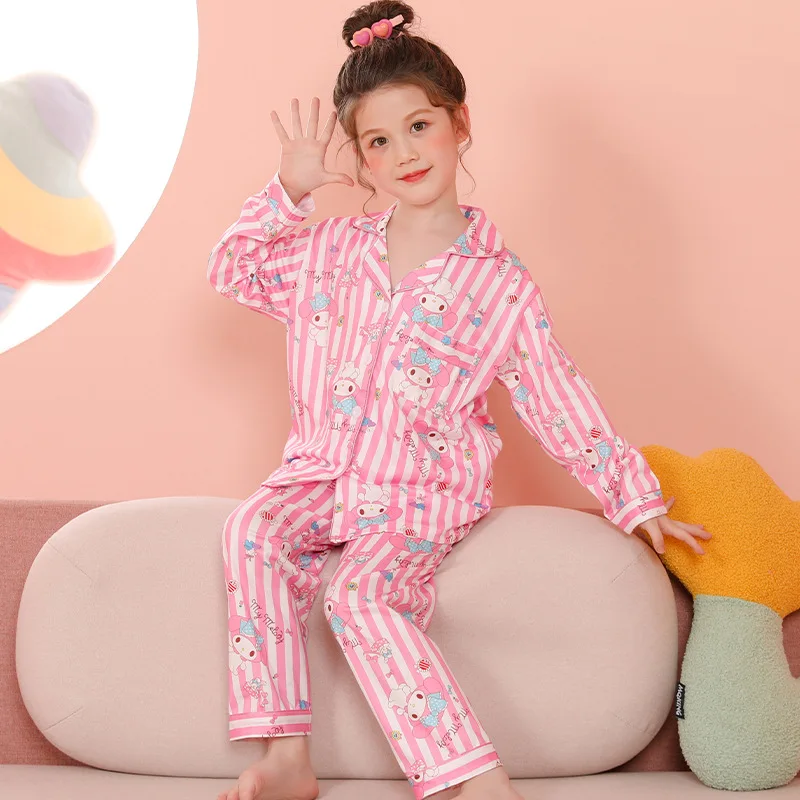 Kawaii Sanrio Pajama Sets Girls Lapel Soft Breathable Print Sleep Costume Gal Causal Comfortable Housewear Autumn Winter 3