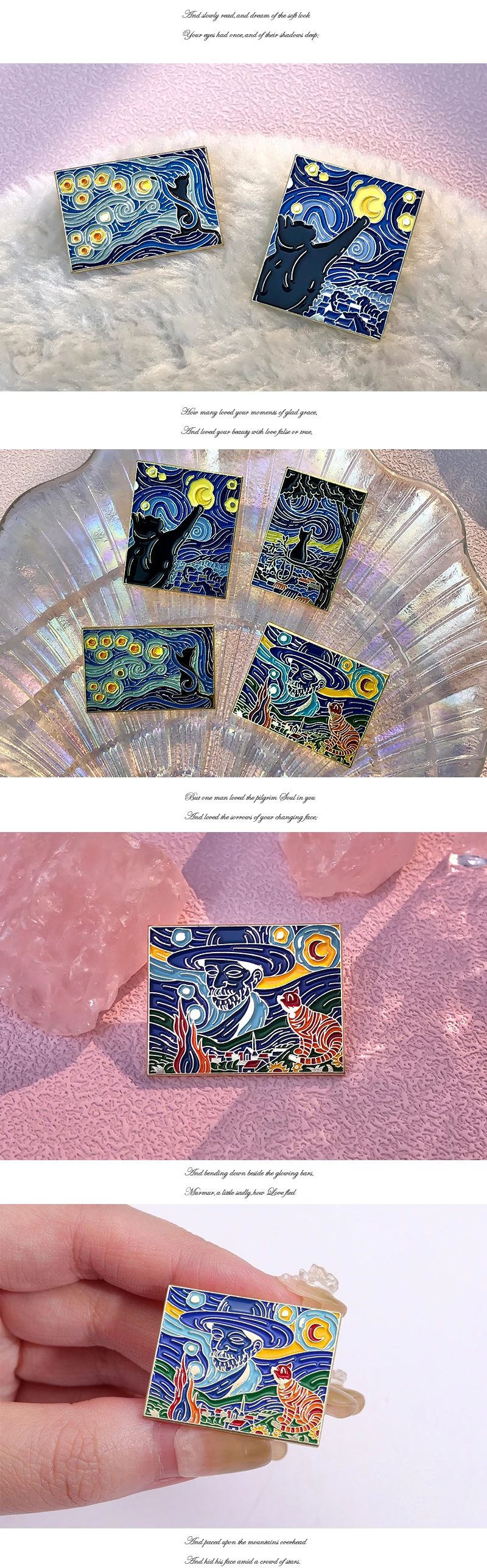 Sternennacht Katzen Emaille Pins benutzer definierte van Gogh Ölgemälde Broschen Revers Abzeichen Spaß Tier Kunst Schmuck Geschenk für Kinder Freunde – Detail 2