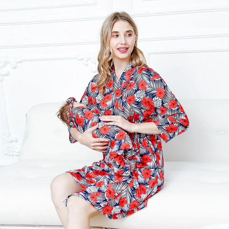 

Spring Maternity Sleepwear Casual Floral Print Pregnancy Dress+Baby Blanket Swaddle+rabbit Ear Headband 3Piece/set Women Pajamas