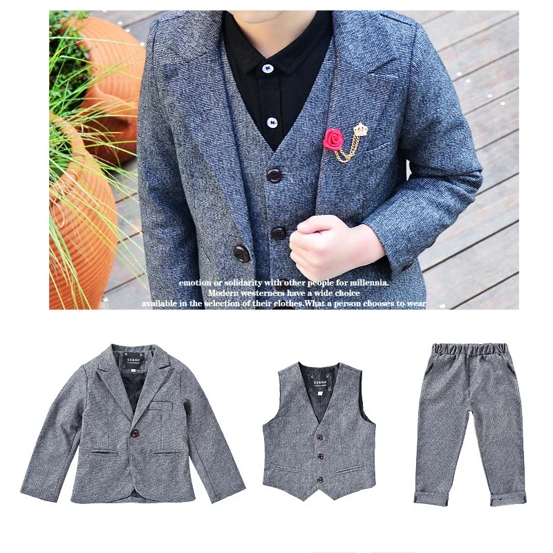 3 PCS Boys Wedding Clothes Blazer Vest Pants Children's Formal Suits Dress Kids Party Clohing Sets Blue Teenage Boy Costumes