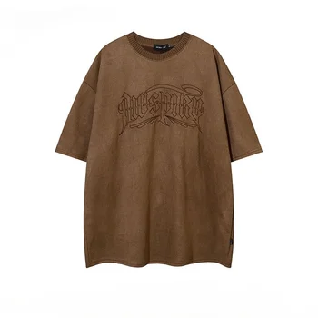Foufurieux American Retro Suede Embroidery Short-sleeved T-shirt Men's High Street Causal Loose T-shirts Men Top Male Clothes 1