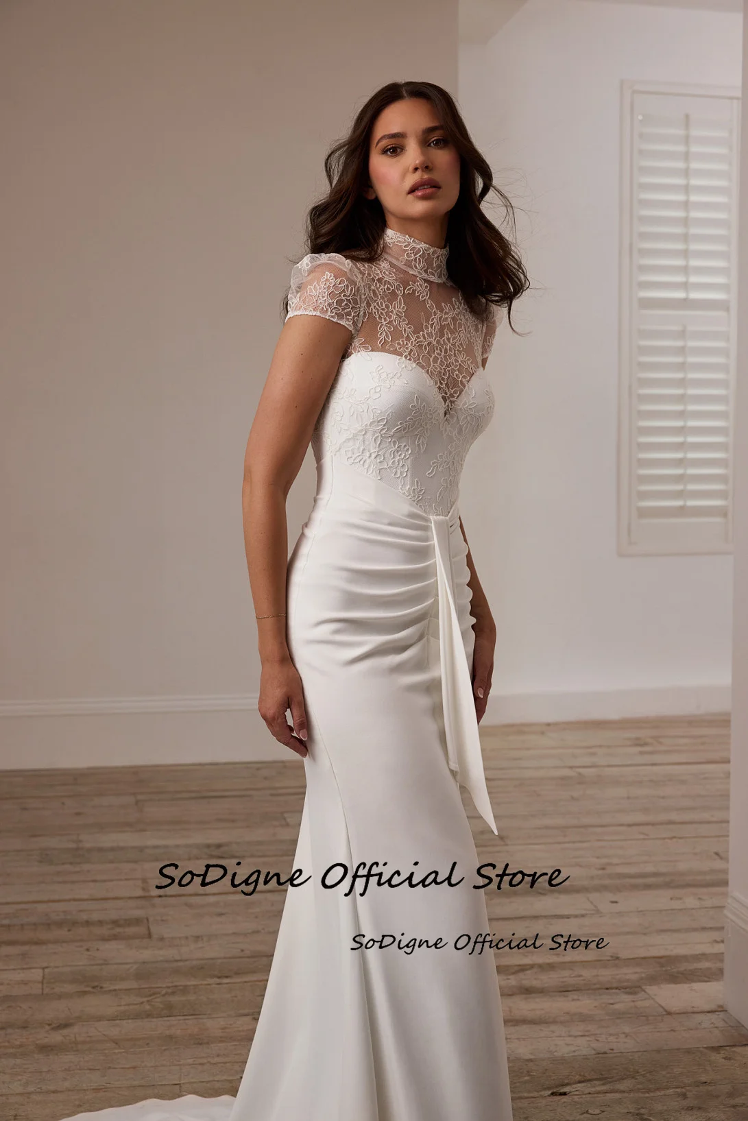 SoDigne Mermaid Lace/Satin Bride Dresses High Neck Short Sleeves Wedding Dress Long Bridal Gowns vestidos de novia Customized 13 Sdf529d05c6704ae289ad86323a6926f0P
