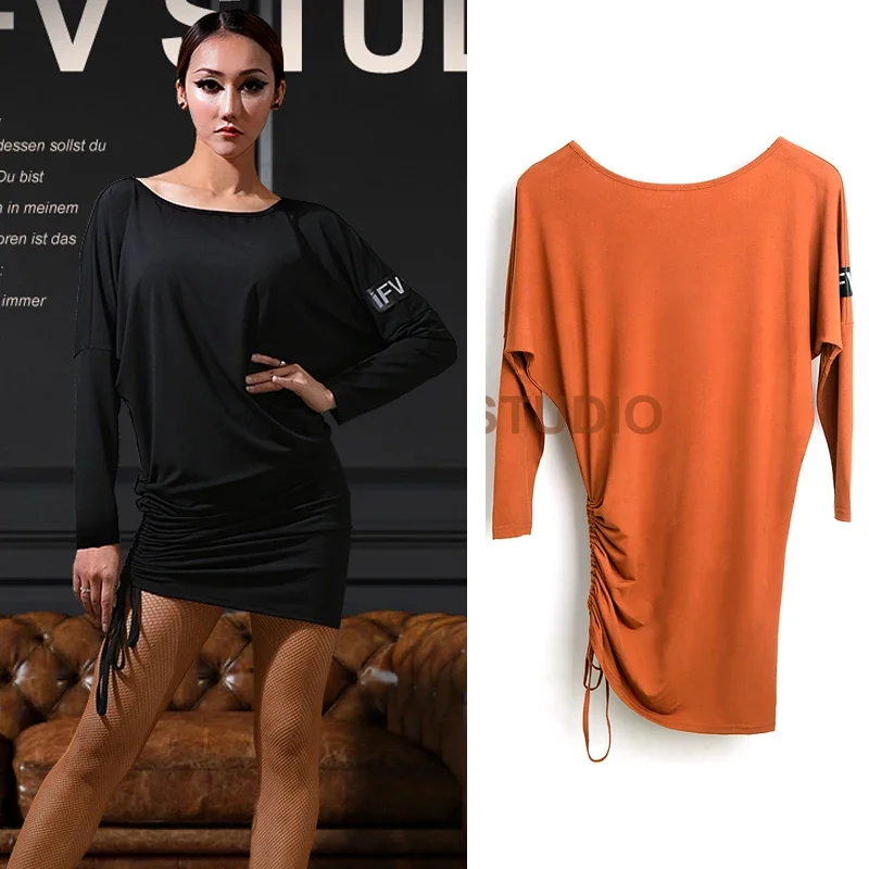 

2022 New Loose Latin Dance Dress For Women Drawstring Bat Sleeved Practice Dress Chacha Rumba Tango Latin Dance Clothes DN12639