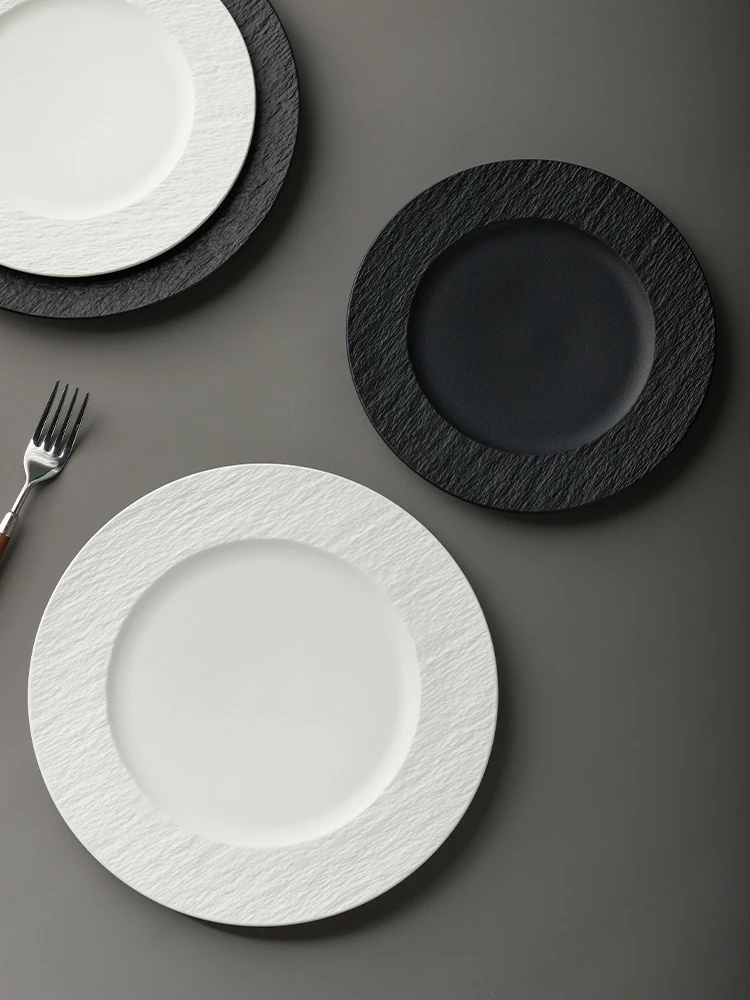 European Style Black Ceramic Dinner Plate Western Food Steak Plates Round Cooking Dishes Hotel Restaurant Tableware Set