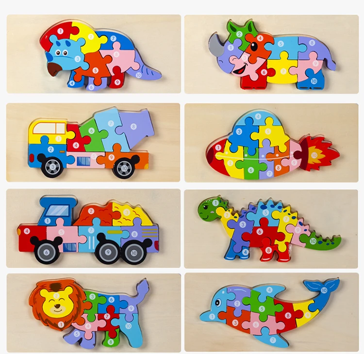 Rectangle Wooden Puzzle for Kids Animals Vehicles Pattern Colorful Wood Numbered Puzzles For Toddlers Learning Educational Toys