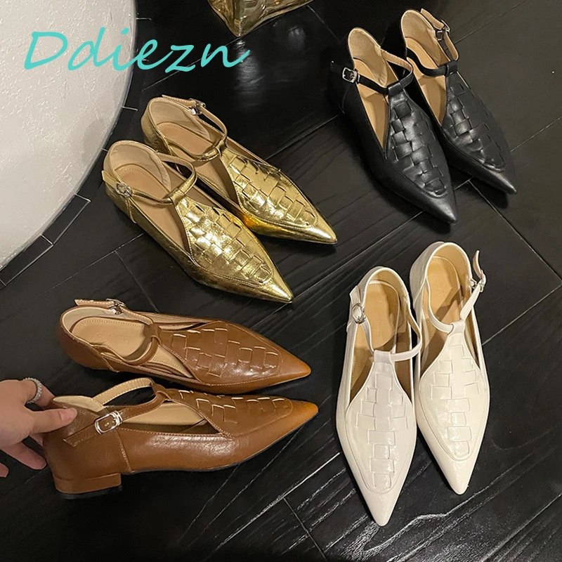 

Women Flats Shoes Elegant Pointed Toe Sandals Summer Fashion Design New Weave Buckle Strap Female Footwear Ladies Shoes