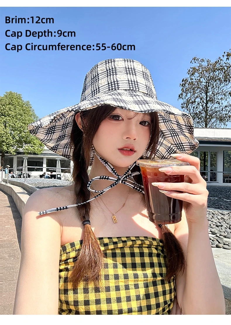 Plaid Sunscreen Hat Women's Summer New Hundred Shade Hat UV Stereotypes Large Brims Sweet