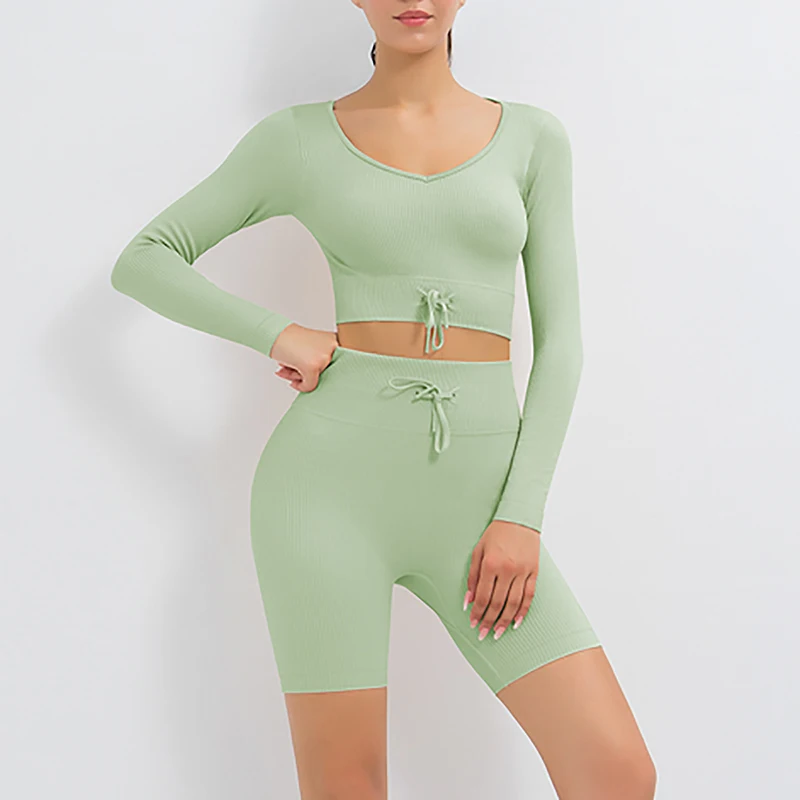 

Women Sportswear Sexy Yoga Sets 2Pcs High Waist Shorts With Drawstring Female Screw Thread Shirts Running Suits Fitness Gym Sets