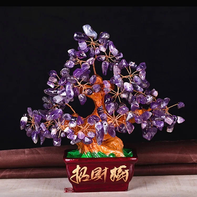 7Inch/18CM Feng Shui Quartz Crystal Money Tree Bonsai Style Decoration for Luck and Wealth Amethyst Cluster Crystals Base Bonsai
