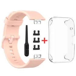 Durable TPU Case with Silicone Sport Band for Huawei Watch FIT - Women's Smartwatch Accessories Bundle (13 Fleshy pink)
